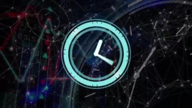 Siyah arkaplandaki bağlantı ağı ve veri işleme ağı üzerinden neon saatin animasyonu. Bilgisayar arayüzü ve iş ağı teknolojisi kavramı