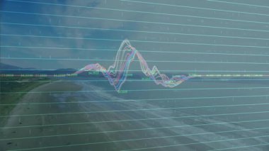 Havadan kumsalın açılışı dalga formunu ve ızgarayı gösteriyor. Değişen tepe ve yalakları görselleştiriyor. Soyut, veri görselleştirme, dijital sanat, dinginlik, rahatlama, minimalist, ufuk