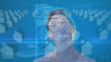 Küresel animasyon, Kafkas işadamı üzerinde finansal veri işleme. Küresel iş, finans, bilgisayar ve veri işleme kavramı dijital olarak oluşturulmuş video.