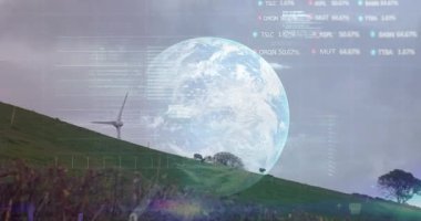 Dünya ve rüzgar türbini üzerinde finansal veri işleme animasyonu. küresel çevre, sürdürülebilirlik ve finans kavramı dijital olarak oluşturulmuş video.