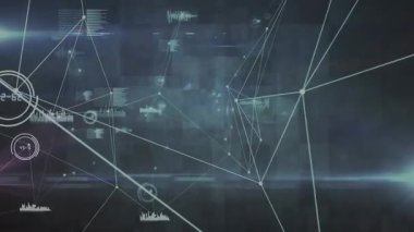 Animation of network of connections, data processing and square shapes against grey background. Global networking and business technology concept