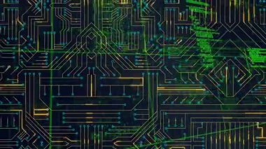 Animation of data processing over computer circuit board on black background. Global technology, computing and digital interface concept digitally generated video.