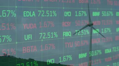 Animation of trading board over rotating windmill on green mountain against clear sky. Digital composite, multiple exposure, stock market, green energy, conservation and technology concept.