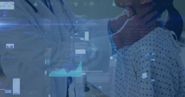 Kafkas erkek doktorun kadın hastayı muayene etmesi üzerine veri işleme animasyonu. Tıbbi sağlık ve teknoloji konsepti