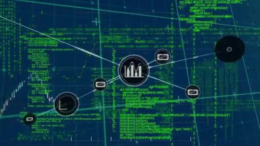 Mavi arkaplanda veri işleme üzerine simgelerle bağlantı ağının animasyonu. Küresel iş ve dijital arayüz kavramı dijital olarak oluşturulmuş video.