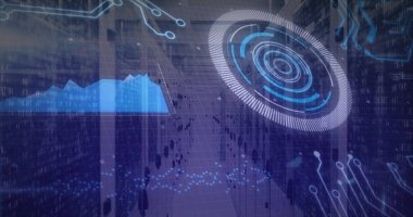 Radar, alan şeması ve şebeke düzlemi ile sanal gösterge paneline odaklı dijital HUD görüntüleme. Veritabanı görüntüleme, arayüz, grafik, halkalar, derinlik, rakamlar, mavi