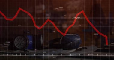 Tepsi ızgaralı mavi şırınga ile steteskop üzerinden kırmızı çizginin düşüşünü gösteriyor. Sağlık, analitik, dataviz, metrik, tanı, klinik, eğilim