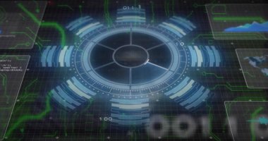 Karanlık şebeke düzlemi üzerinde merkezi holografik HUD görüntüleniyor, veri panelleri ve neon-yeşil izler gösteriliyor. Arayüz, gösterge paneli, fütürist, sibernetik, görselleştirme, grafikler, devreler