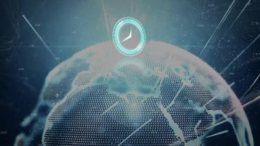 Dünya üzerindeki saat animasyonu ve veri işleme. küresel iş ve dijital arayüz kavramı dijital olarak oluşturulmuş video.
