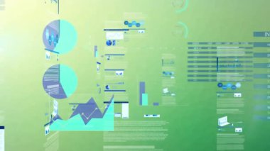 Grafiklerin animasyonu, alım satım tahtası, yükleme çemberleri, yeşil arka plana karşı veriler. Dijital olarak üretilen hologram, illüstrasyon, rapor, iş dünyası, borsa, ilerleme ve soyut kavram.