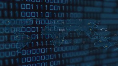 Siyah arkaplan üzerindeki dünya haritasında ikili kod animasyonu. Küresel ağ, bilgisayarlar, veri işleme ve teknoloji konsepti dijital olarak oluşturulmuş video.