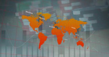Animation of statistical data processing over world map against poker chips ad playing cards. Gambling and business data technology concept