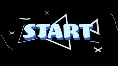 Siyah zemin üzerinde x işaretleri, üçgenler, güneş ve mor boya olan başlangıç metninin canlandırması. Dijital olarak üretilmiş, hologram, soyut, atari salonu, video oyunu, başlangıç ve yarışma konsepti.