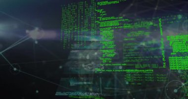 Bağlantı ağı üzerinden veri işleme animasyonu. Dijital olarak oluşturulmuş küresel bağlantılar, hesaplama ve veri işleme kavramı.