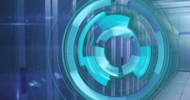 Animation of loading circles and binary codes over data server room. Digital composite, business, progress, computer language, data center, networking, technology and network server concept.