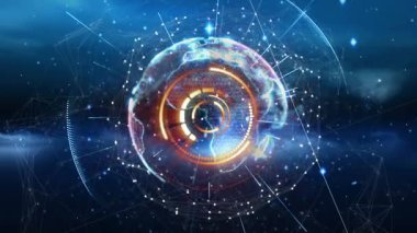 Bağlantılar ağının animasyonu ve karanlık arka planda dünyayı tarama. küresel bağlantı ve veri işleme kavramı dijital olarak oluşturulmuş video.