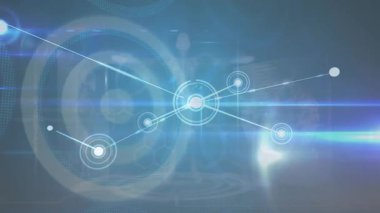 Mavi arkaplan üzerinde bağlantı ağının canlandırılması. Dijital olarak oluşturulmuş küresel bağlantılar, veri işleme ve dijital arayüz kavramı.