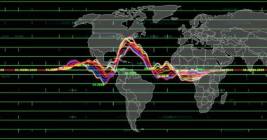 Kara zemin üzerinde dünya haritasıyla veri işleme animasyonu. Küresel teknoloji, bilgisayar ve dijital arayüz kavramı dijital olarak oluşturulmuş video.