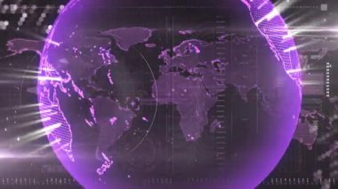 Mor dijital küre parıldayan noktalı kıtalar ve ışık demetlerini ızgara HUD arayüzü üzerinden yayıyor. Futuristik, teknoloji, veri, ağ, görselleştirme, arayüz, dijital