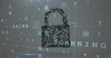 Siber saldırı metninin animasyonu, güvenlik kilidi üzerinden veri işleme. Küresel çevrimiçi güvenlik, bilgisayar, bağlantılar, ağlar ve dijital arayüz konsepti dijital olarak oluşturuldu.