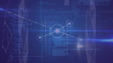 Animation of networks of communication processing data with blue lights on dark background. Global communication, business, digital interface and data sharing concept digitally generated video.
