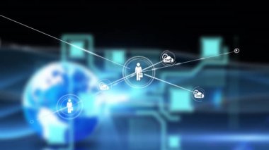 Animation of network of connections over black background. Global business and digital interface concept, digitally generated video.