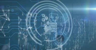 Bilgisayar anakart ve bağlantı ağları üzerinden iş iletişimi simgelerinin animasyonu. İş, küresel iletişim ve dijital arayüz kavramı dijital olarak oluşturulmuş video.