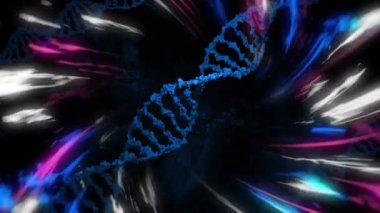 DNA ipliği ve renkli ışık çizgileri dinamik bilimsel animasyon yaratır. Genetik, biyoteknoloji, moleküler, araştırma, bilim, laboratuvar