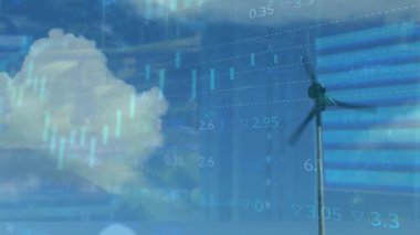 Rüzgar türbini üzerinde finansal veri işleme animasyonu. Küresel iş, finans ve dijital arayüz kavramı dijital olarak oluşturulmuş video.