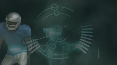 Dijital insan animasyonu ve Afrika kökenli Amerikalı erkek Amerikan futbolcuyu tarama. Küresel spor, bilgisayar ve dijital arayüz kavramı dijital olarak oluşturulmuş video.