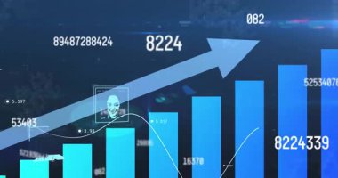 Veri işleme animasyonu ve mavi arkaplan üzerinde insanlar simgeleri. Küresel iş ve dijital arayüz kavramı dijital olarak oluşturulmuş video.