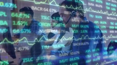 Animation of financial data processing over diverse business people using phone headsets in office. Global business, finance, computing and data processing concept digitally generated video.