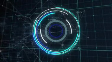 Neon yuvarlak tarayıcının animasyonu ve şebeke ağı üzerinden mavi arkaplan ile bağlantı ağı. Bilgisayar arayüzü ve iş teknolojisi kavramı