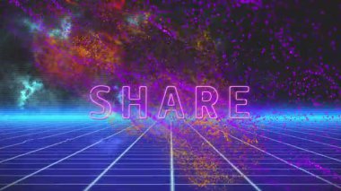 Siyah arkaplandaki neon şekiller üzerinden paylaşılan metnin canlandırması. Küresel teknoloji, sosyal medya ve dijital arayüz kavramı dijital olarak oluşturulmuş video.