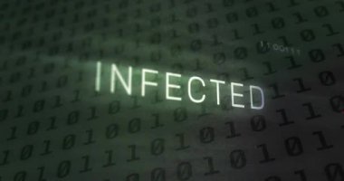 Virüslü metnin animasyonu ve bilgisayar anakart üzerinde ikili kodlama veri işlemesi. Dijital olarak oluşturulmuş küresel çevrimiçi güvenlik, bilgisayar ve veri işleme kavramı.