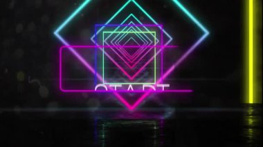 Siyah arkaplanda neon şekiller üzerine başlangıç metninin canlandırması. Küresel retro gelecek, sosyal medya ve dijital arayüz konsepti dijital olarak oluşturulmuş video.