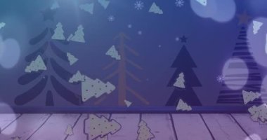 Noel ağacı simgelerinin canlandırılması ve mavi arka planda ahşap yüzeye düşen ışık noktaları. Noel şenliği ve kutlama konsepti