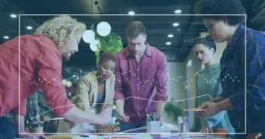 Animation of financial data processing over diverse business people in office. Global business, finances, computing and data processing concept digitally generated video.