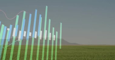 Düz tasarım şeffaf veri örtüsü yeşil ekin alanı boyunca uzanan çubuk grafikleri ve çizgi grafiklerini gösteriyor. Peyzaj, veri görselleştirme, tarım, çevre, analitik, teknoloji, manzara