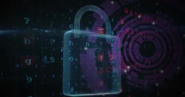 Mor yuvarlak tarayıcının siber güvenlik asma kilit ikonu ve veri işleme ile karşılaştırılması. Bilgisayar arayüzü ve siber güvenlik teknolojisi kavramı