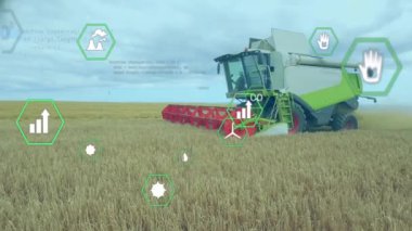 Tarımsal veri işleme animasyonuyla buğday tarlasında hasat makinesi. Tarım, tarım, teknoloji, yenilik, makine, otomasyon