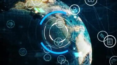 Dijital ağ simgeleri ve tüm dünyada veri işleme animasyonu. Teknoloji, küresel, fütüristik, bağlantı, siber uzay, sanal