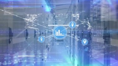 Sunucu odasındaki bağlantı ağının animasyonu. küresel iş ve dijital arayüz kavramı dijital olarak oluşturulmuş video.