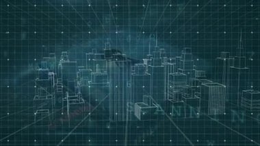 Asma kilit ikonu üzerinde veri işleme ile dijital şehrin animasyonu. Teknoloji, çevrimiçi güvenlik ve dijital arayüz kavramı dijital olarak oluşturulmuş video.