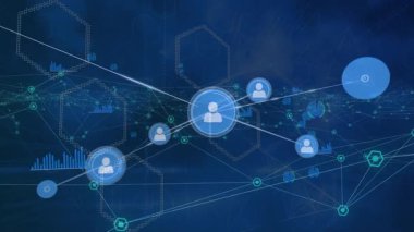 Mavi arkaplandaki şekillerin üzerindeki simgelerle bağlantı ağının animasyonu. Dijital olarak oluşturulmuş küresel bağlantılar, bilgisayar ve dijital arayüz kavramı.