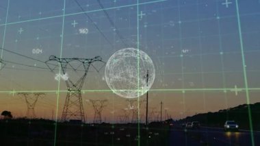 Sütunların üzerinde veri işlenen küre animasyonu. Dijital olarak oluşturulmuş küresel bağlantılar, bilgisayar ve dijital arayüz kavramı.