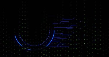 Düşen ikili kodların animasyonu, siyah arkaplanda daireler yüklerken asma kilit. Dijital olarak oluşturulmuş, hologram, illüstrasyon, bilgisayar dili, koruma, şifrelenmiş ve teknoloji kavramı.