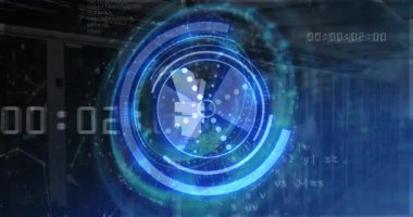 Yen sembolünün animasyonu, zaman değişimi, tarama ve veri işleme dürbünü. Küresel hesaplama, ağlar ve veri işleme kavramı dijital olarak oluşturulmuş video.