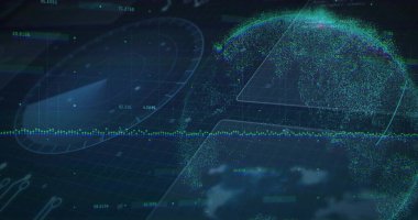 Karanlık şebeke düzleminin hemen üzerinde holografik parçacık küresi dönüyor, noktalı çizgi gösteriliyor, kopyalama uzayı. Gelecekçi, analitik, gösterge paneli, arayüz, hologram, sanal, neon