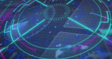 Projecting holographic HUD overlaying tilted grid plane with concentric dials and glowing nodes. Hologram, interface, neon, radar, dashboard, data, futuristic